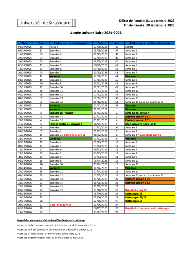Calendrier universitaire 2025-2026